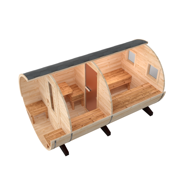 Fasssauna / Gartensauna / Banja / Round 3,5 m mit Balkon und Vorraum